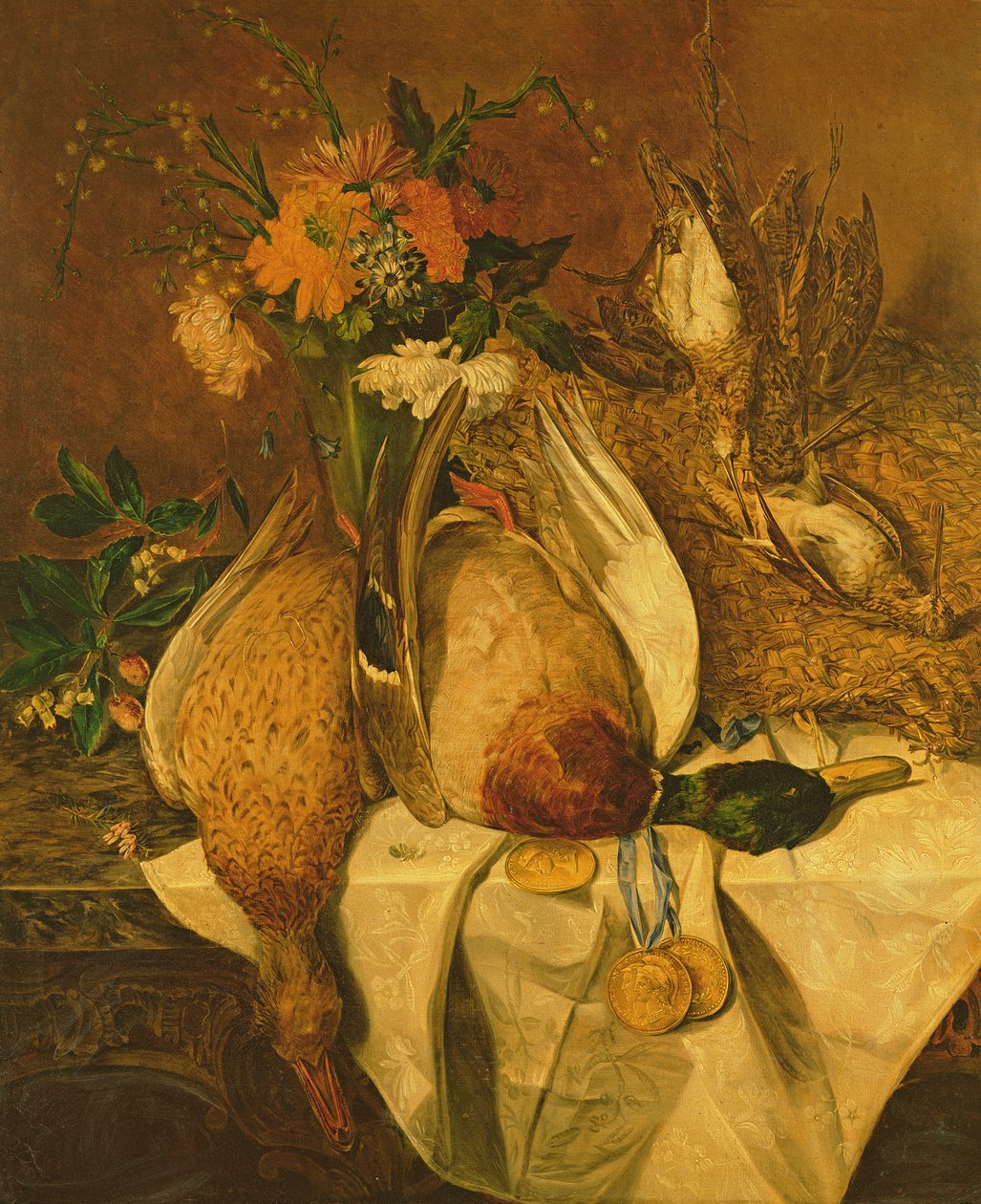 Stillleben mit Stockente, Schnepfen und Goldmedaillen, ca. 1850 von Emily Stannard