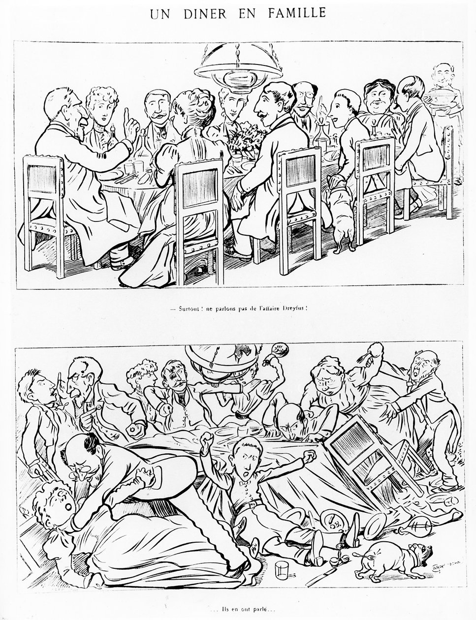 Karikatur eines Familienessens vor und nach dem Gespräch über die Dreyfus-Affäre von Emmanuel Poire Caran D