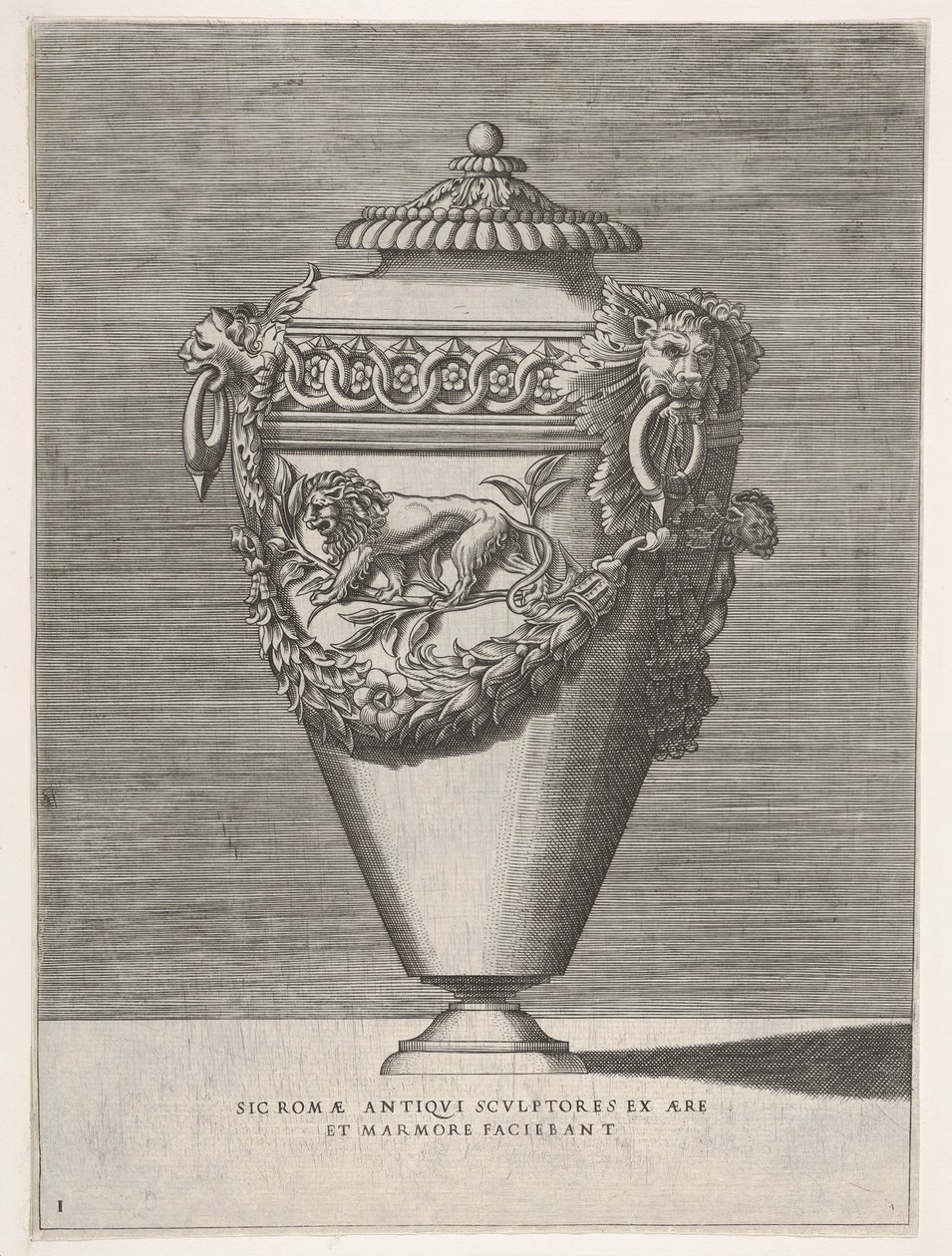 Antike Deckelurne mit einem Motiv aus Diamantringen und Löwen, aus Vasen ..., 1543 oder später von Enea Vico