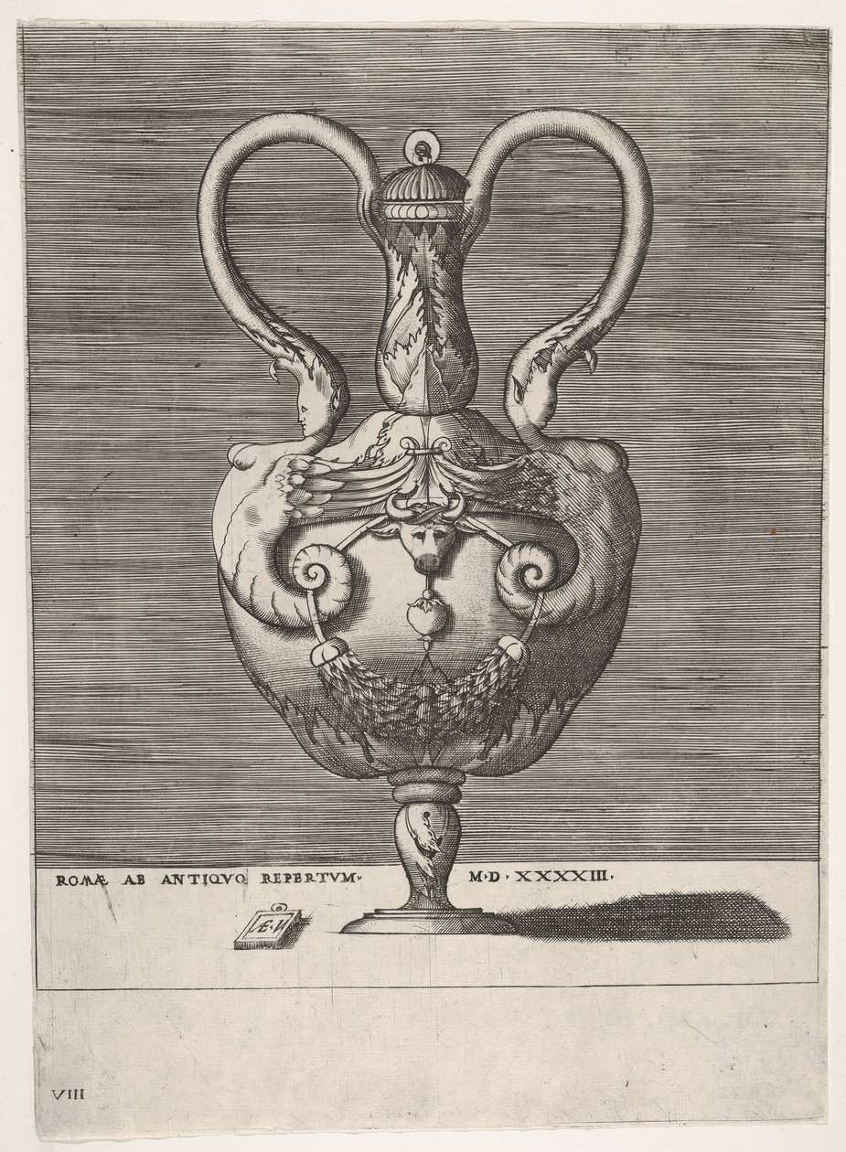 Antike Vase mit Deckel und zwei Griffen, die aus den Köpfen hybrider weiblicher Sphingen hervorgehen, 1543 oder später von Enea Vico