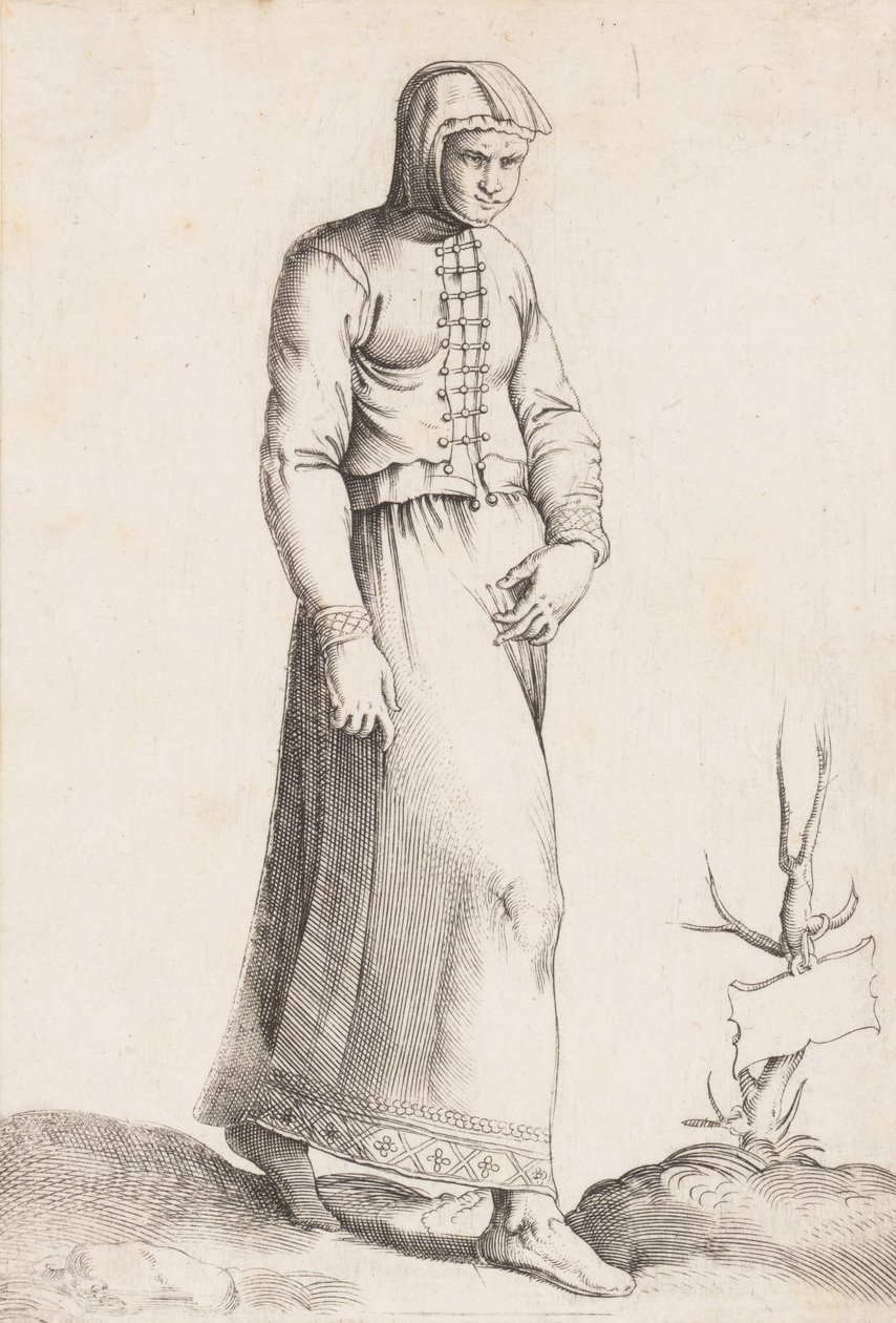 Kostümplatte: Frau mit Kapuzengewand, ca. 1557-58 von Enea Vico