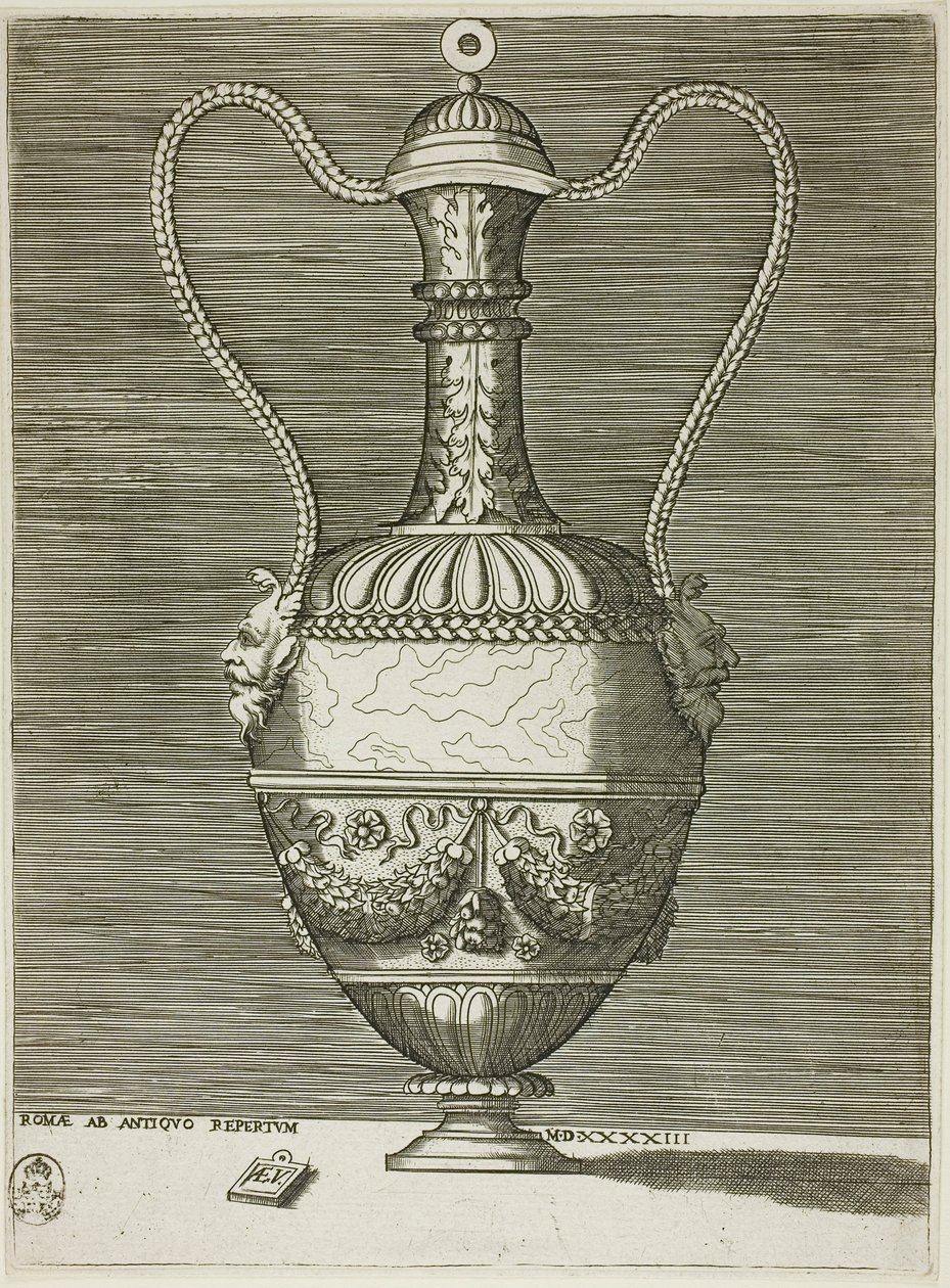 Vase mit zwei grotesken Masken, Tafel sechs aus einer Serie von Vasen nach dem Antiken von Enea Vico