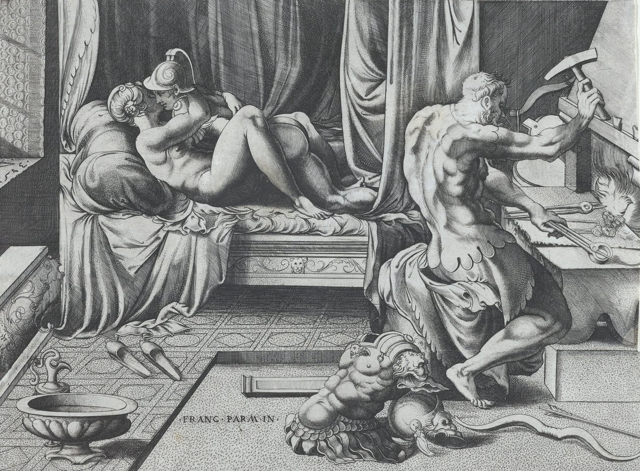 Venus und Mars umarmen sich, während Vulkan an seiner Schmiede arbeitet, 1543 von Enea Vico