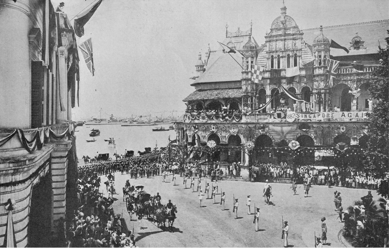 Die Ankunft des Herzogs und der Herzogin von Cornwall und York in Singapur, Illustration aus The King, 25. Mai 1901 von English Photographer