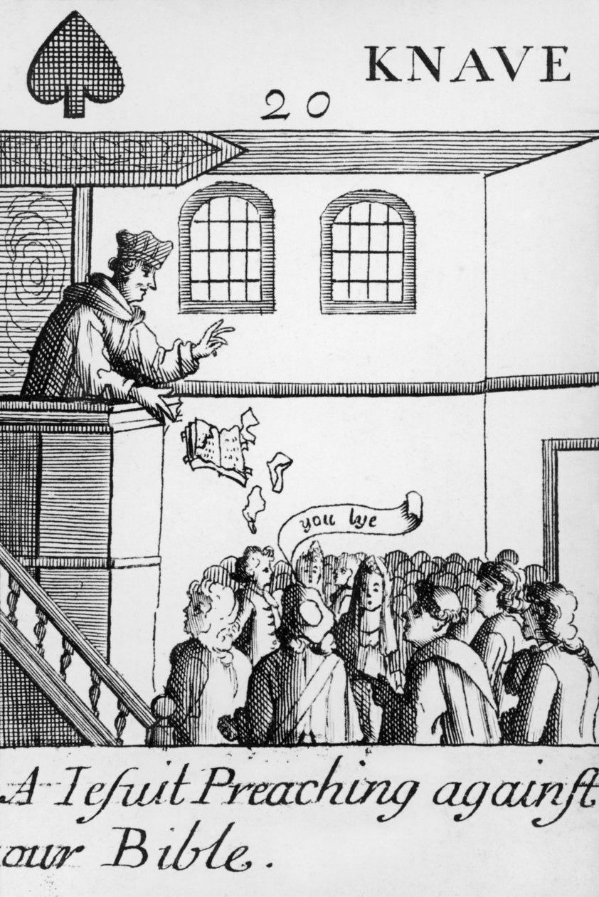 Ein Jesuit predigt gegen unsere Bibel, Bube der Pik, aus einem Kartenspiel, 1679 von English School