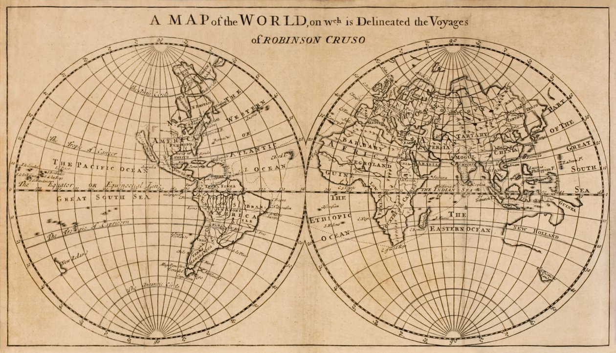 Karte der Welt mit der Reise von Robinson Crusoe, Frontispiz-Faltkarte aus Die weiteren Abenteuer von Robinson Crusoe von English School