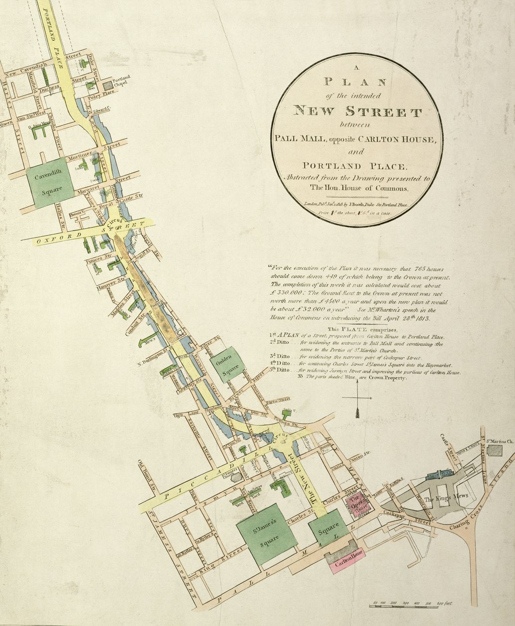 Plan der geplanten neuen Straße zwischen Pall Mall, gegenüber dem Carlton House, und Portland Place, entworfen von John Nash (1758-1835), veröffentlicht von J. Booth, 1818 von English School