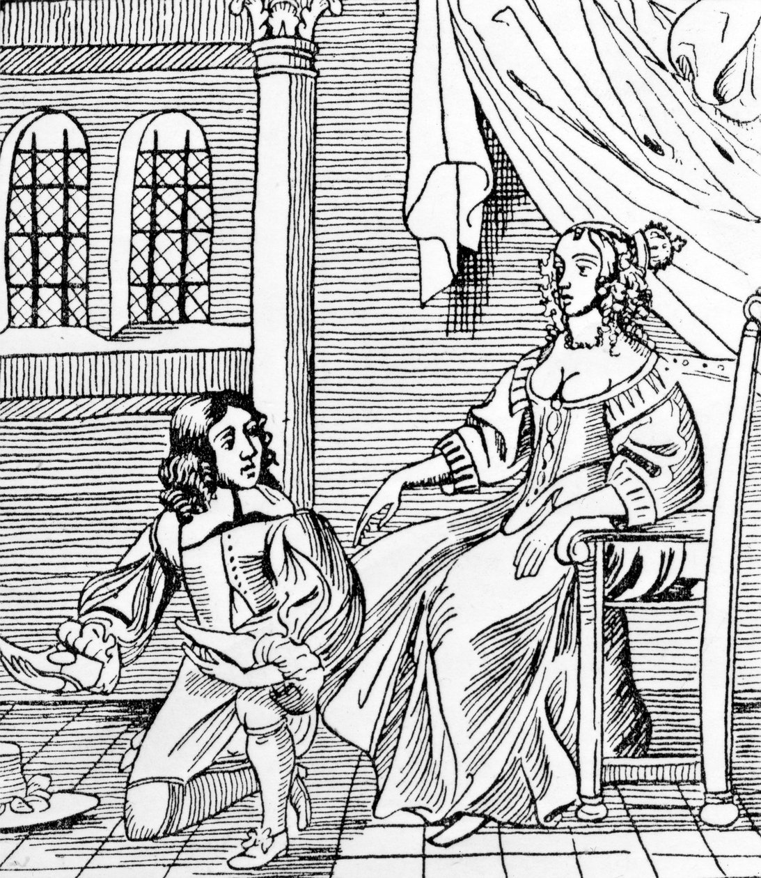 Ein Schuhmacher des siebzehnten Jahrhunderts passt einem angesehenen Kunden Schuhe an, Illustration aus 