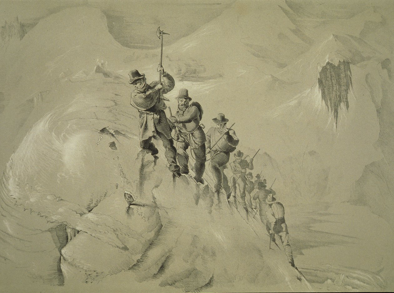 Ein steiler Aufstieg, aus Zehn Szenen beim letzten Aufstieg auf den Mont Blanc, einschließlich fünf Ansichten vom Gipfel, von J.D.H. Browne, veröffentlicht 1853 von English School