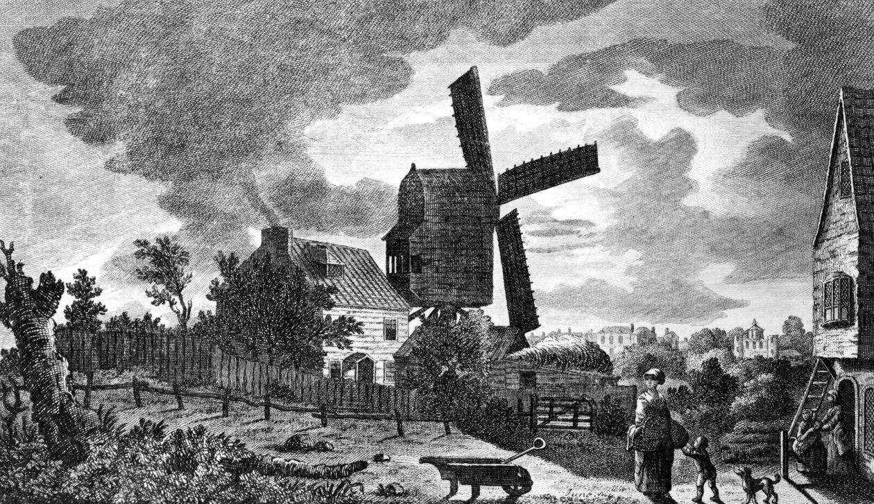 Ansicht einer Mühle bei Blackheath in Kent, bei Mondschein, 1770 von English School