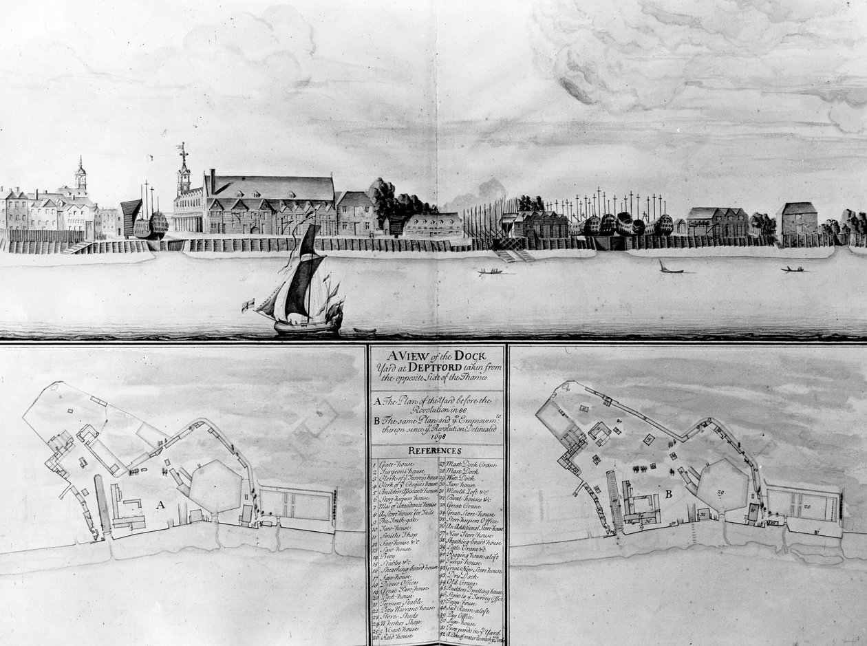 Ein Blick auf die Werft in Deptford von der gegenüberliegenden Seite der Themse, 1698 von English School