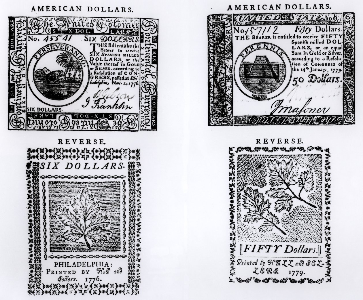 Eine koloniale Sechs-Dollar-Note von 1776 und eine amerikanische Fünfzig-Dollar-Note von 1779 von English School
