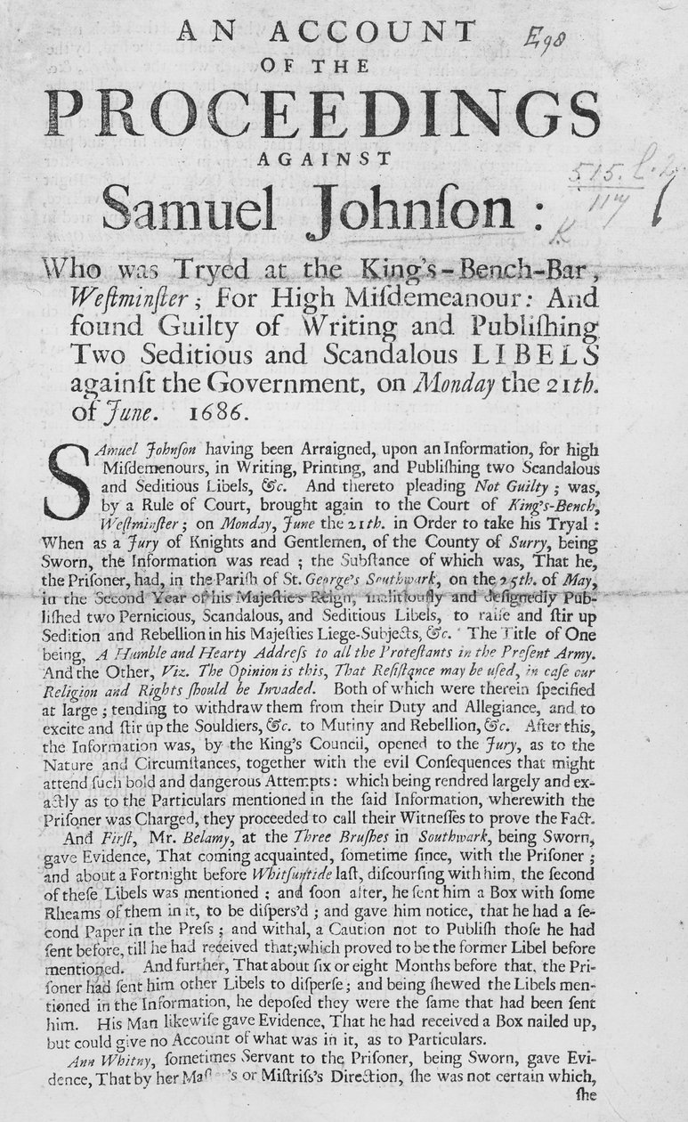 Bericht über die Verfahren gegen Samuel Johnson, 1686 (Druck) von English School