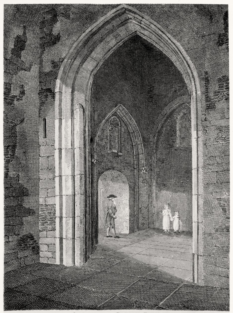 Innenansicht der Vorhalle der Pfarrkirche St. Alphage, London Wall; ehemals die Kapelle des Priors von Elsynge Spital, veröffentlicht von Robert Wilkinson, 1815 von English School