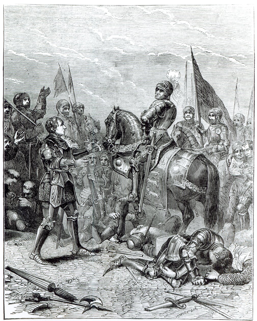 Schlacht von Bosworth Field: Lord Stanley bringt die Krone von Richard III. (1452-1485) nach Richmond, 22. August 1485 von English School