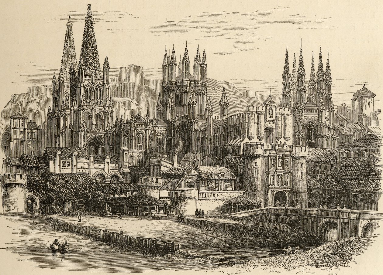 Brücke, Tor und Kathedrale von Burgos, Illustration aus 