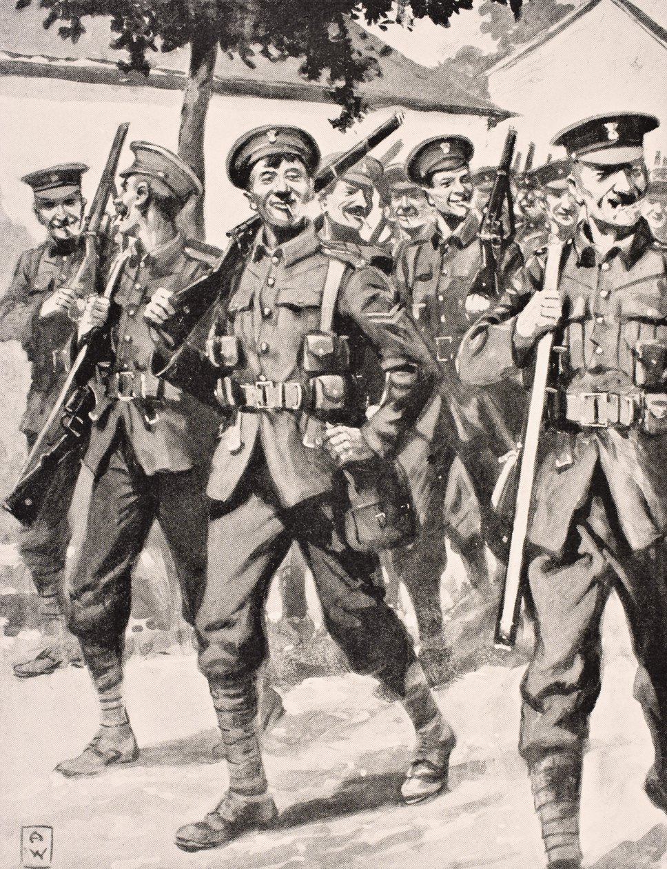 Karikaturartige Zeichnung von selbstbewussten britischen Truppen auf dem Weg zur Frontlinie Westfront, 1915, aus 
