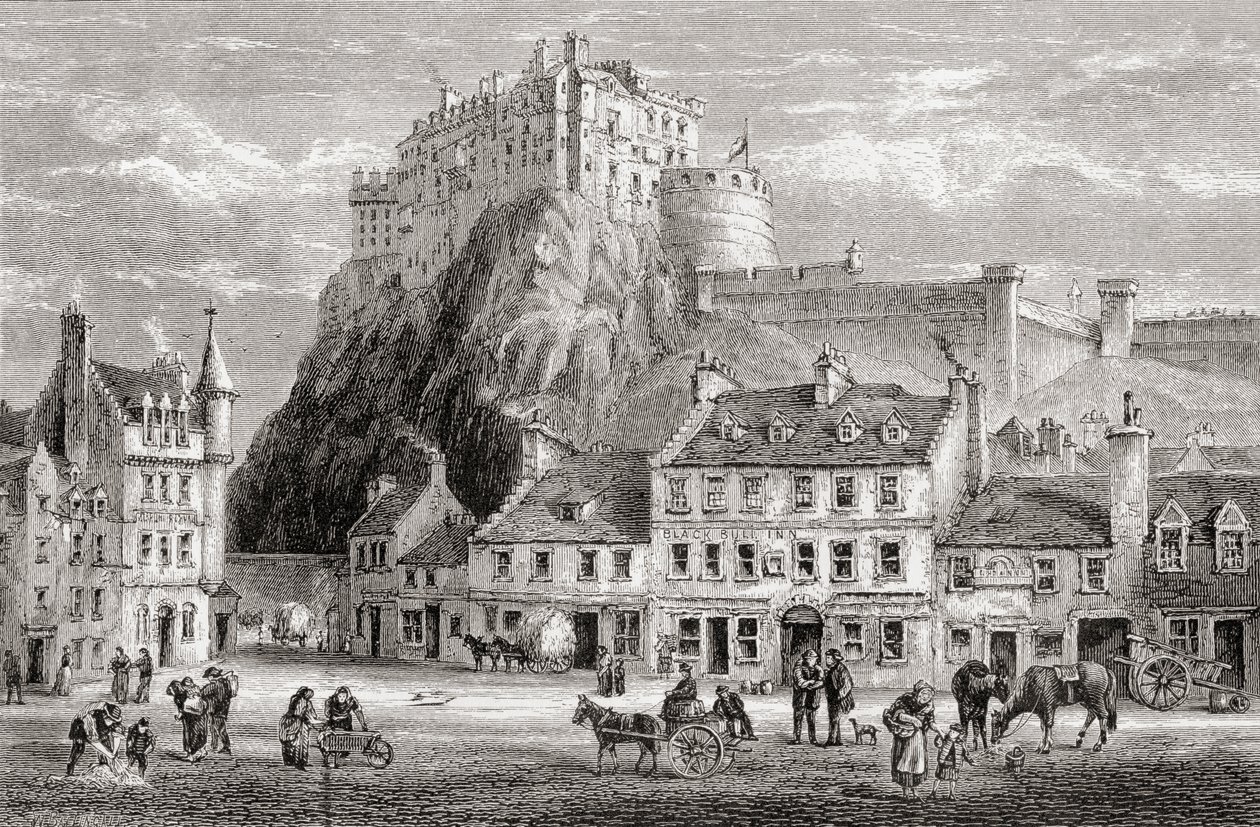 Schloss und Grassmarket, Edinburgh, Schottland, aus 