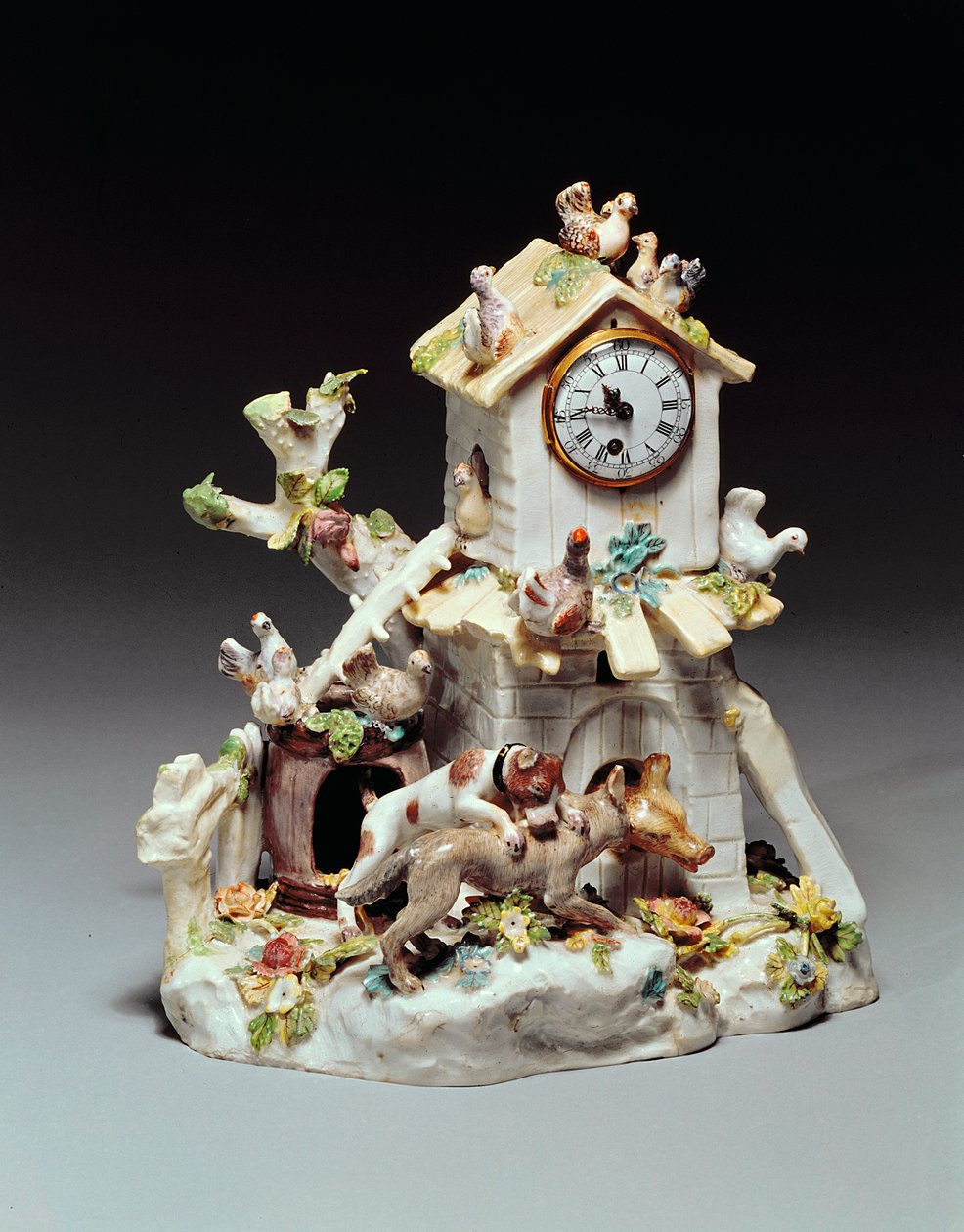 Chelsea-Porzellan-Bauernhof-Uhrengehäuse, Rotanker-Periode, c.1755 von English School