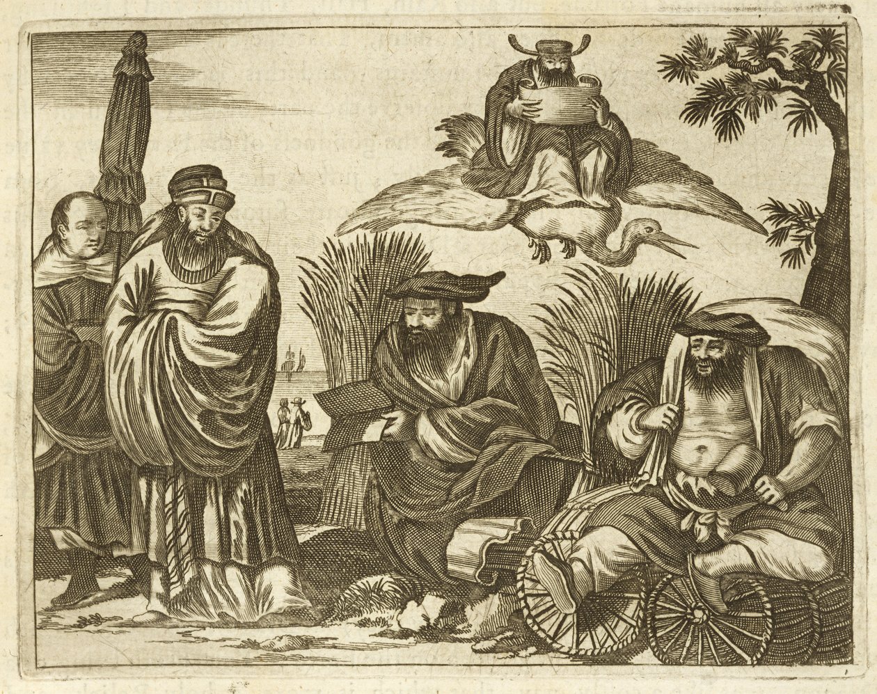 Chinesische Kaufleute konsultieren Wahrsager für eine sichere Reise, Illustration aus einer Beschreibung der Gesandtschaften nach China, 1690 von English School