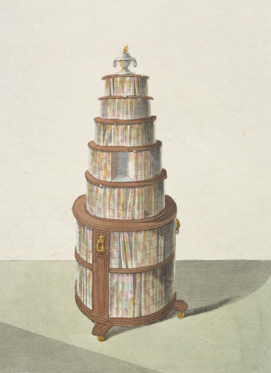 Runder beweglicher Bücherschrank, Tafel 13 aus Ackermanns Repository of Arts, Literature, Commerce, Manufactures, Fashion and Politics, veröffentlicht 1810 von English School