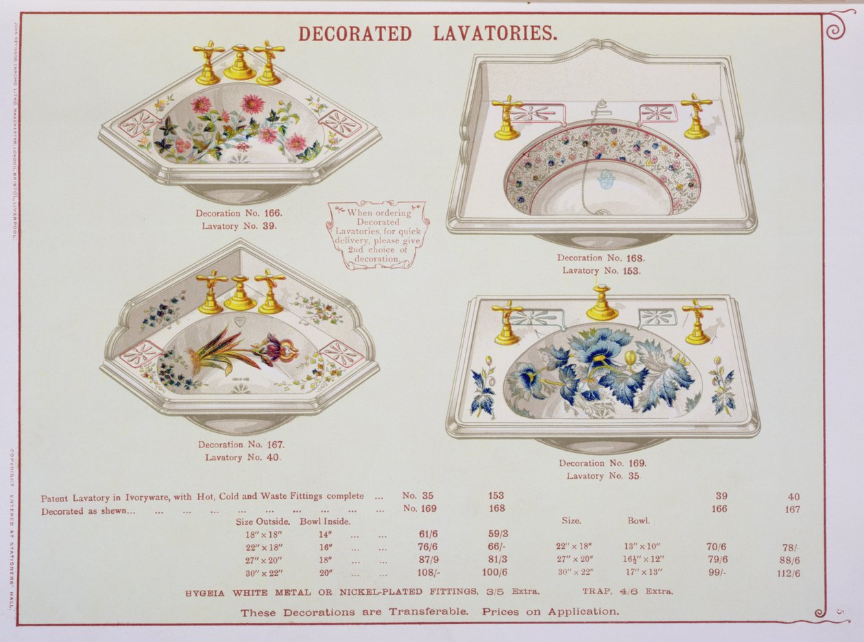 Dekorierte Toiletten aus einem Katalog von Sanitärwaren, produziert von Morrison, Ingram & Co., Manchester, veröffentlicht um 1890 von English School