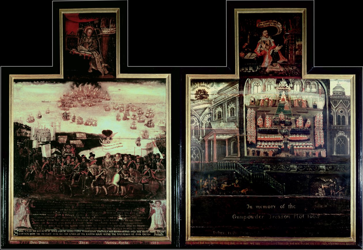 Diptychon, das die Ankunft von Königin Elizabeth I. (1530-1603) in Tilbury, die Niederlage der Spanischen Armada und das Schießpulverkomplott darstellt von English School