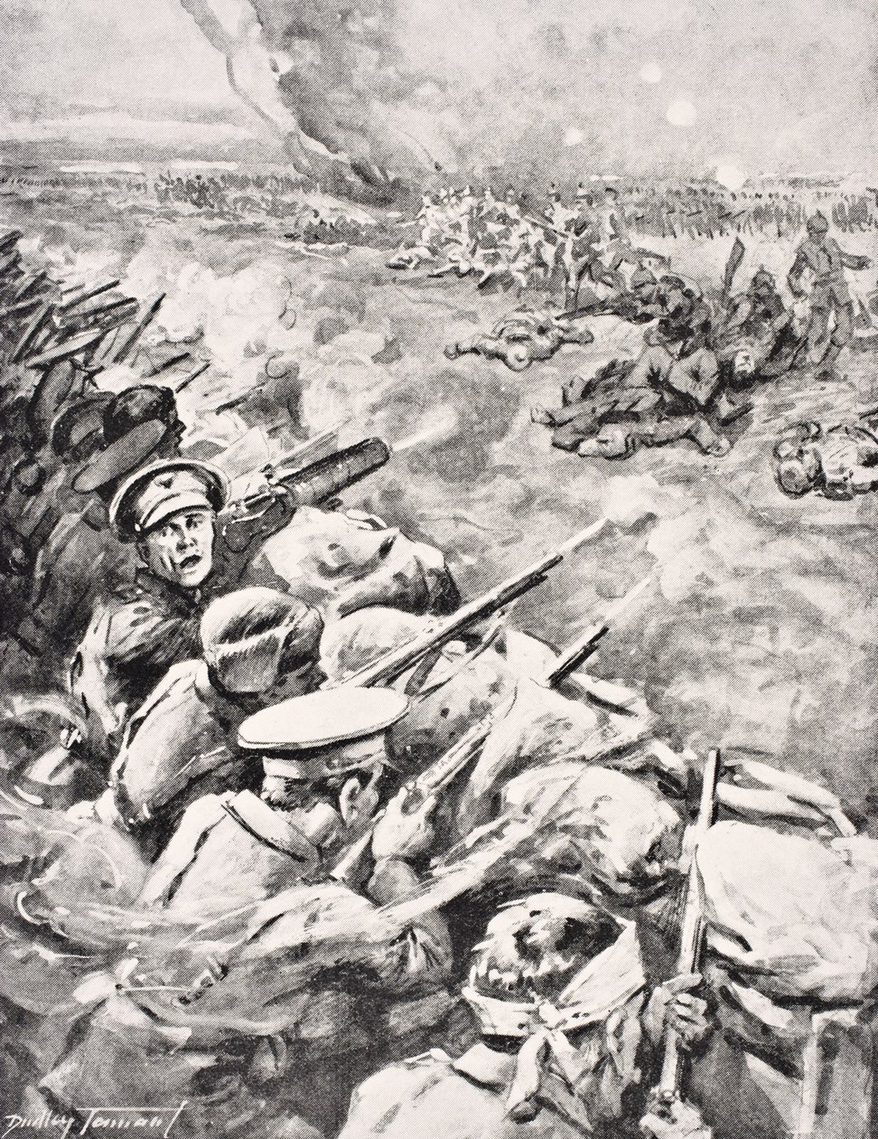 Deutsche Truppen stürmen britische Schützengräben, 1915, aus 