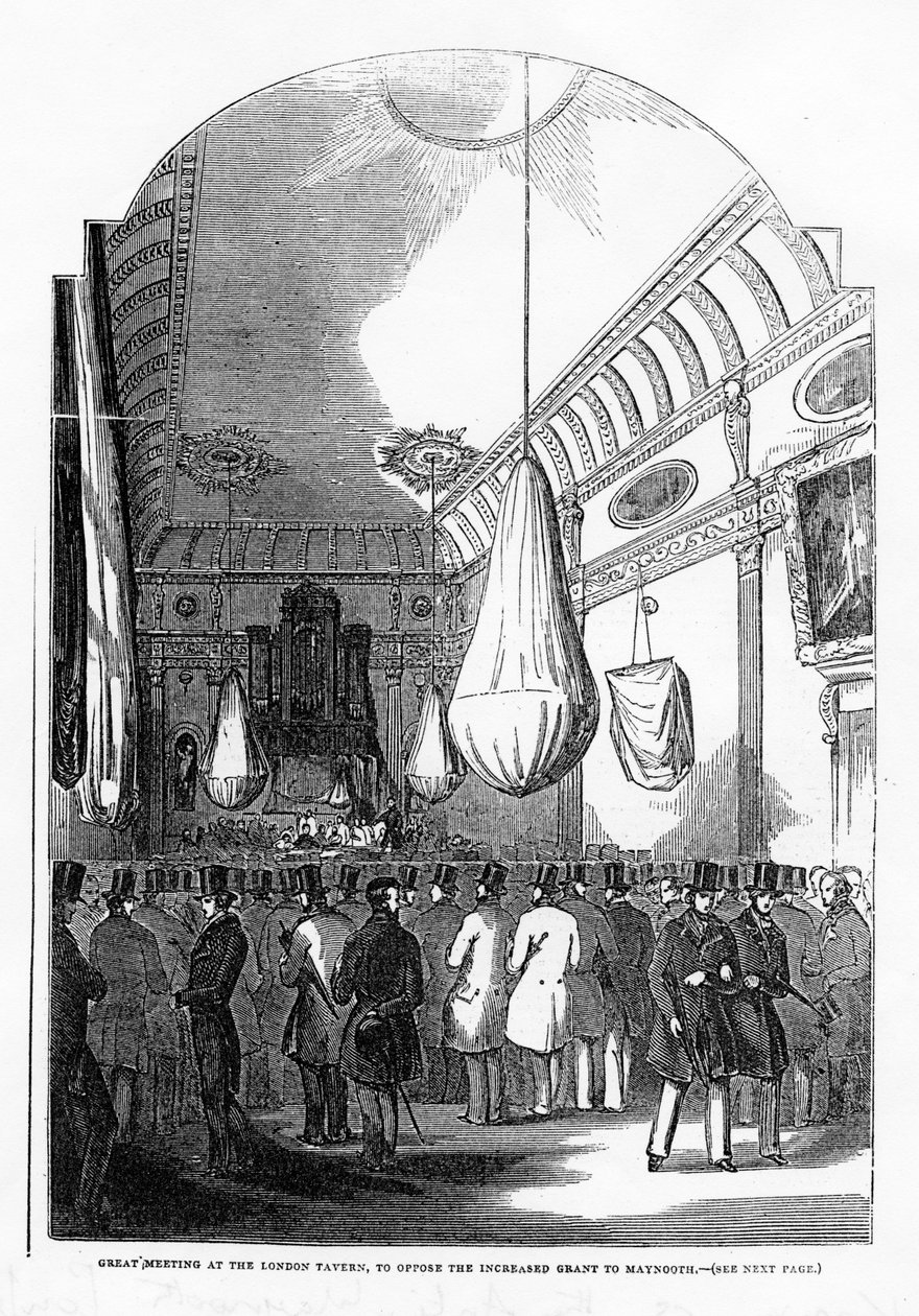 Großes Treffen im London Tavern, um die erhöhte Zuwendung an Maynooth zu bekämpfen, ca. 1840er Jahre von English School