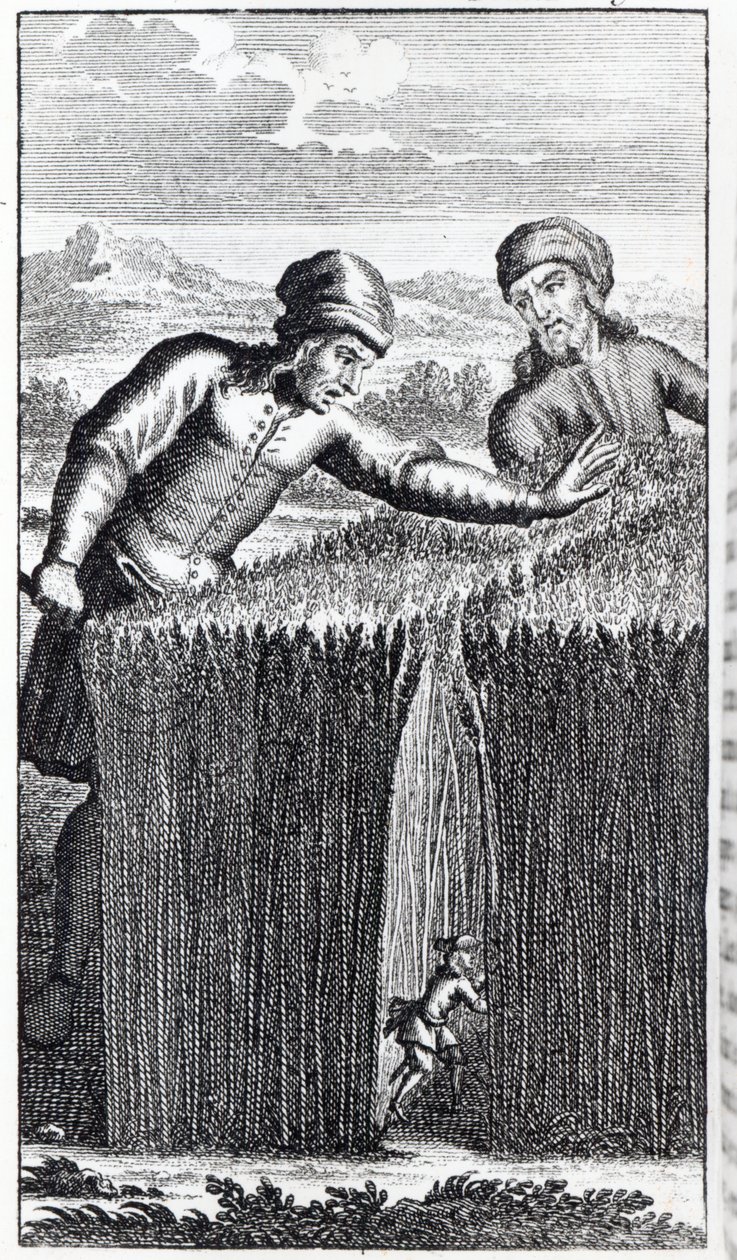 Gulliver wird von einem Bauern in Brobdingnag entdeckt, Illustration aus 
