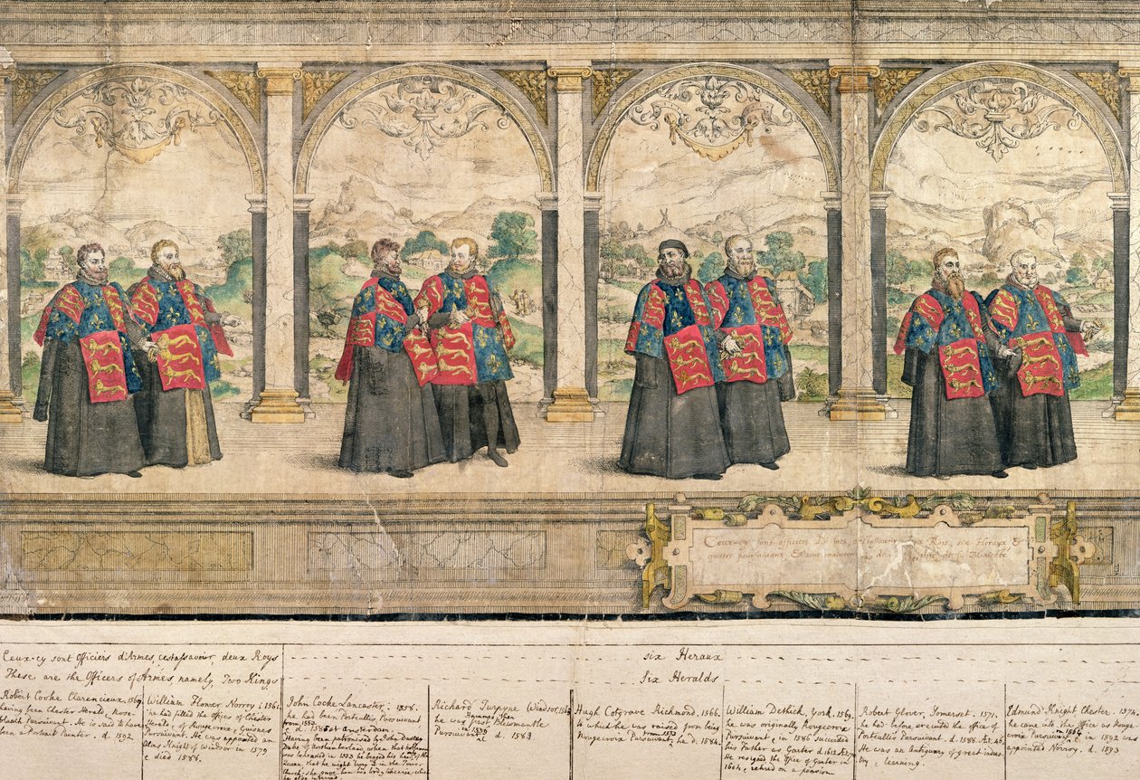 Imaginäre Prozession des Hosenbandordens in Windsor, graviert von Marcus Gheeraerts 1576 (kolorierte Radierung) von English School