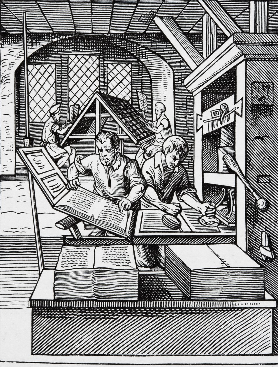Innenansicht einer Druckerei aus dem 16. Jahrhundert, nach einem Stich von Jost Amman (1539-91) von English School
