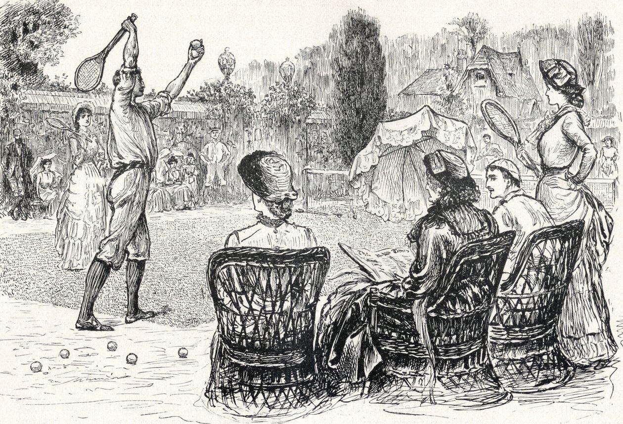 Lawn Tennis im Jahr 1883, graviert nach der Originalzeichnung im Punch Magazine, aus 