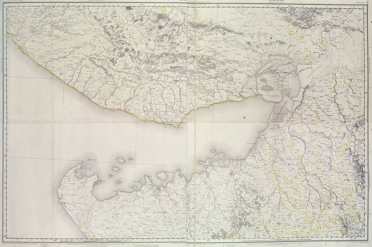 Karte von Kutch und Kathiawar, veröffentlicht unter der Leitung von Oberst G.C. de Pree, S.C., Generalvermesser von Indien, 1885 von English School