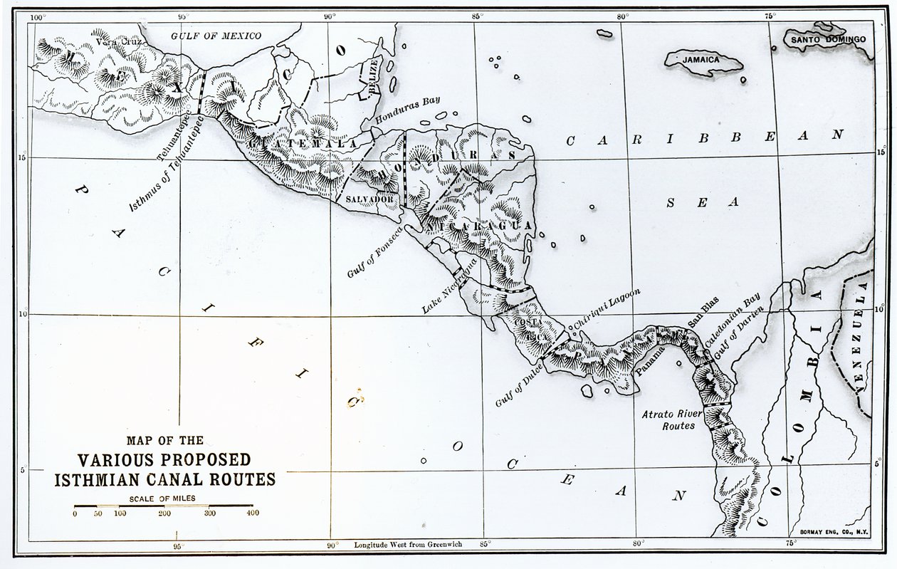 Karte der verschiedenen vorgeschlagenen Isthmus-Kanalrouten von English School