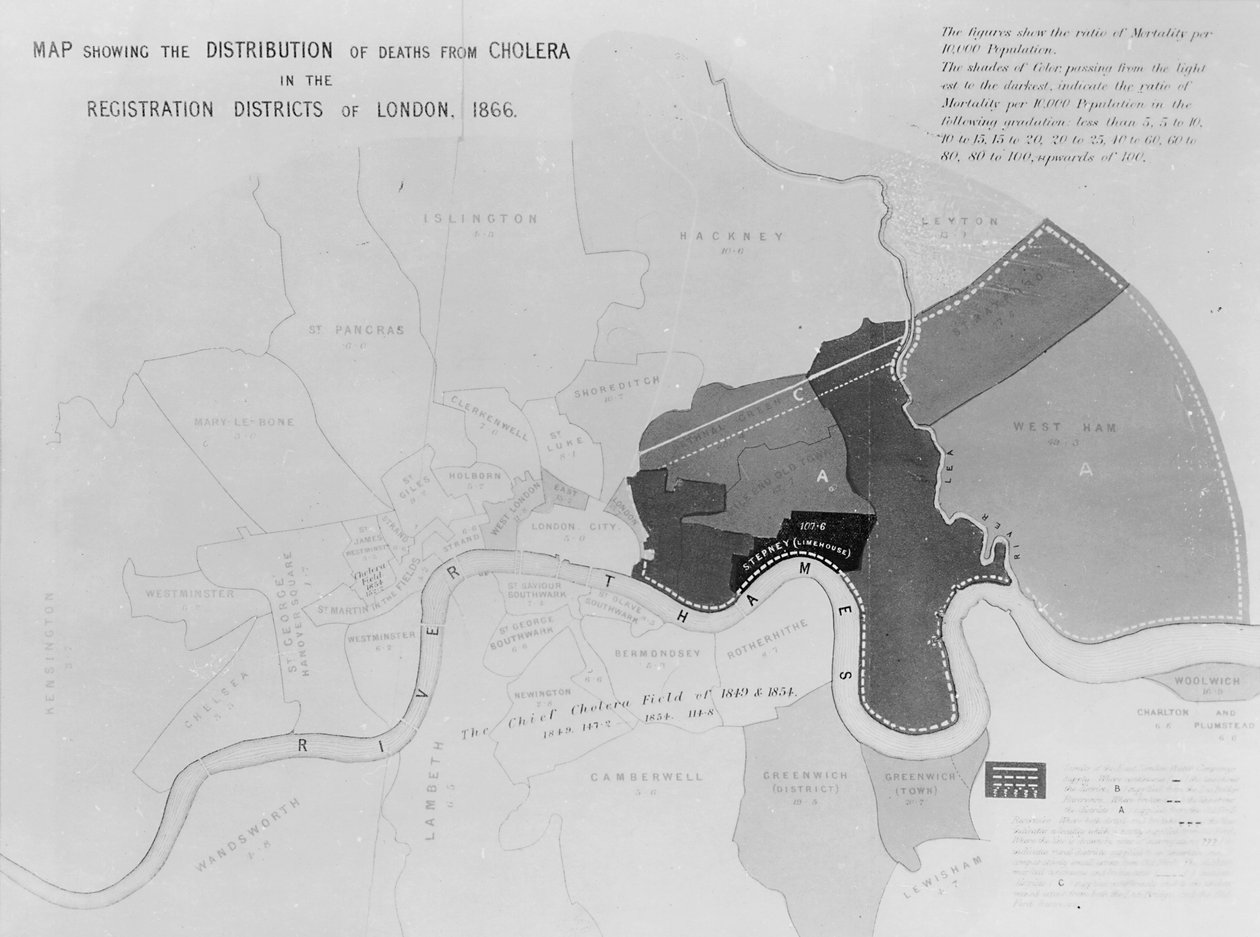 Karte, die die Verteilung der Todesfälle durch Cholera in den Registrierungsbezirken von London zeigt, 1866 von English School