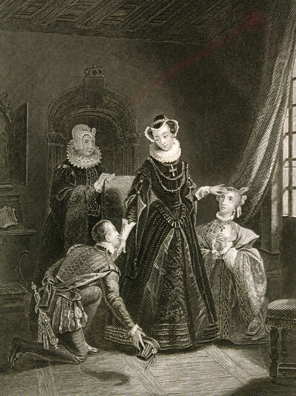 Maria Stuart (1542-87) in Begleitung von Höflingen von English School