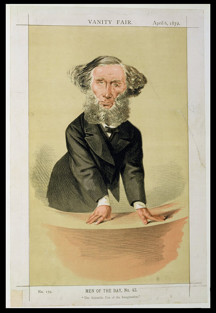 Männer des Tages, Nr. 43 Die wissenschaftliche Nutzung der Vorstellungskraft, Karikatur von John Tyndall bei einem Vortrag, 1872 von English School