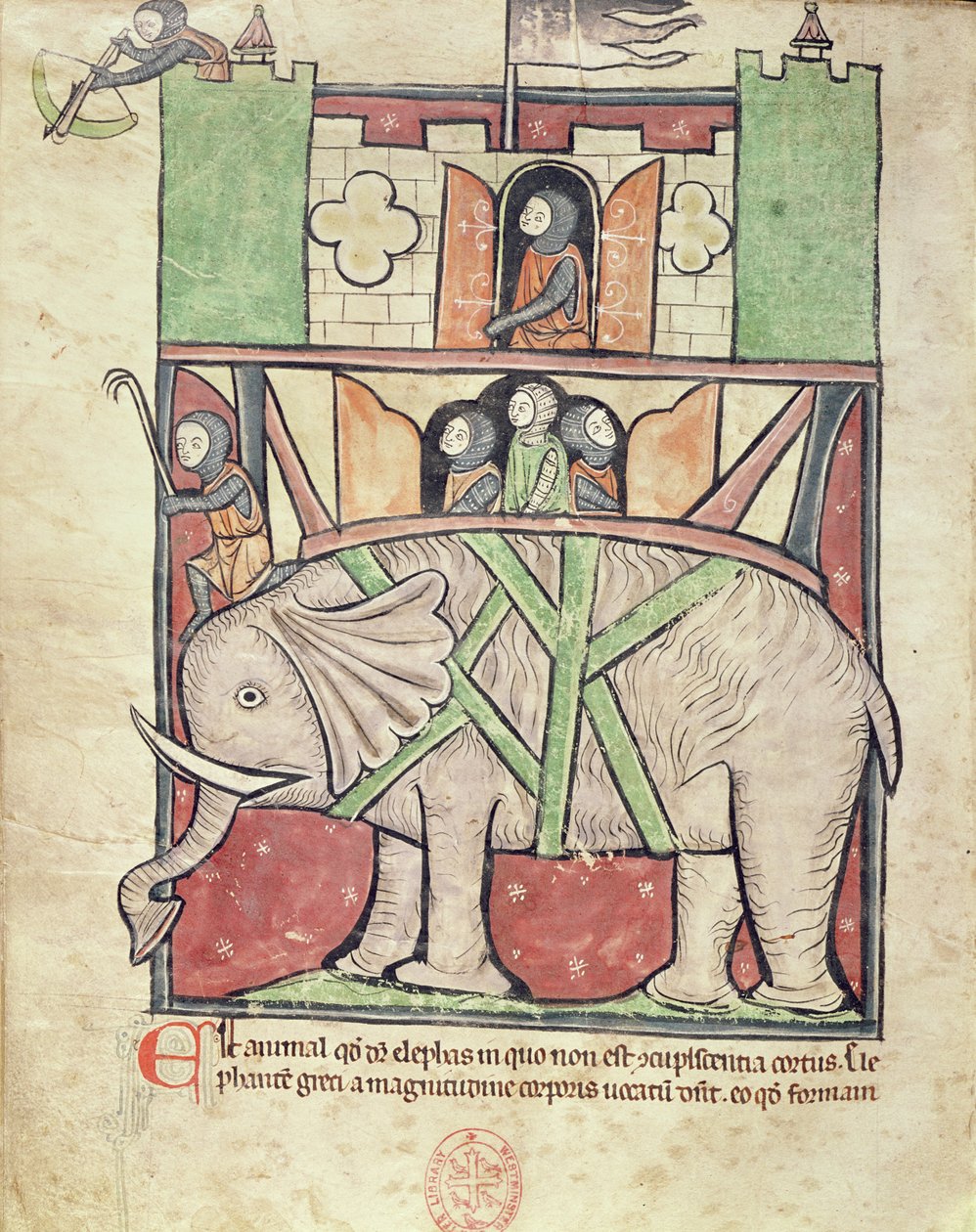 Elefant, der eine Sänfte voller Soldaten trägt, aus dem Westminster Abbey Bestiarium, ca. 1270-90 von English School