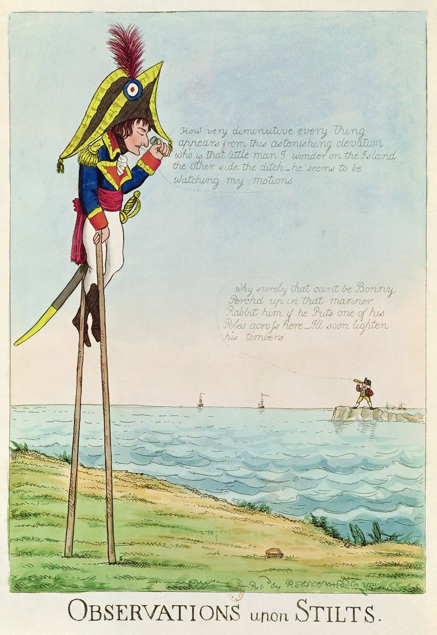 Beobachtungen auf Stelzen, Karikatur von Napoleon auf Stelzen, der Pitt und England über den Kanal beobachtet von English School