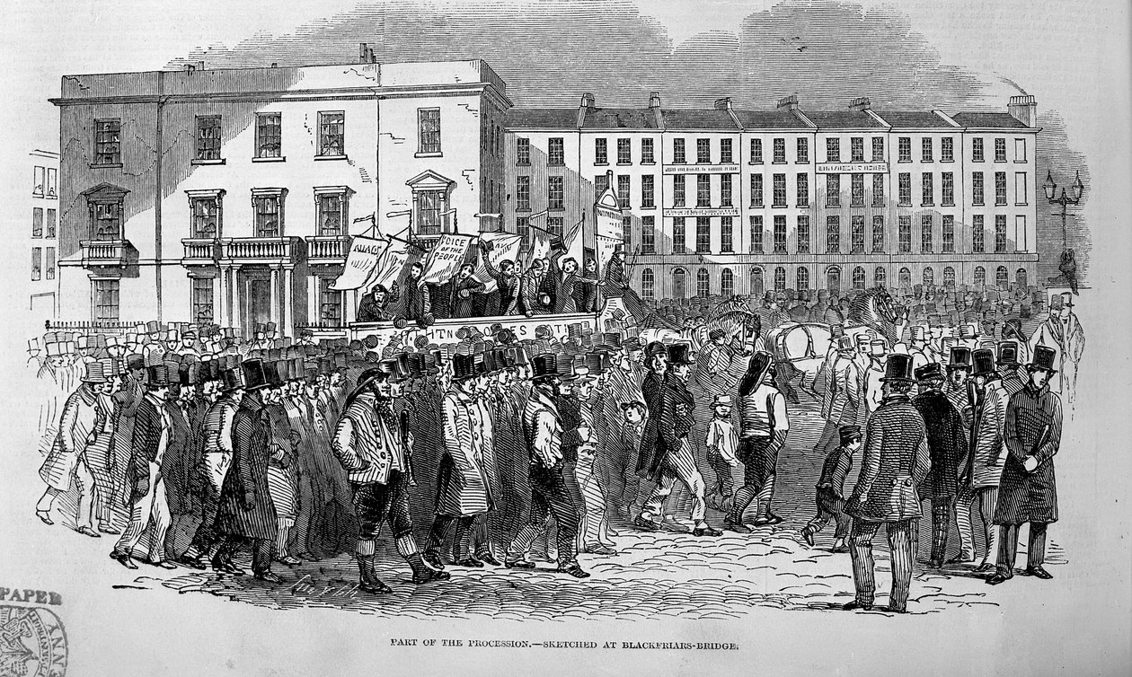 Teil der Chartistenprozession, skizziert an der Blackfriars Bridge, 10. April 1848 von English School