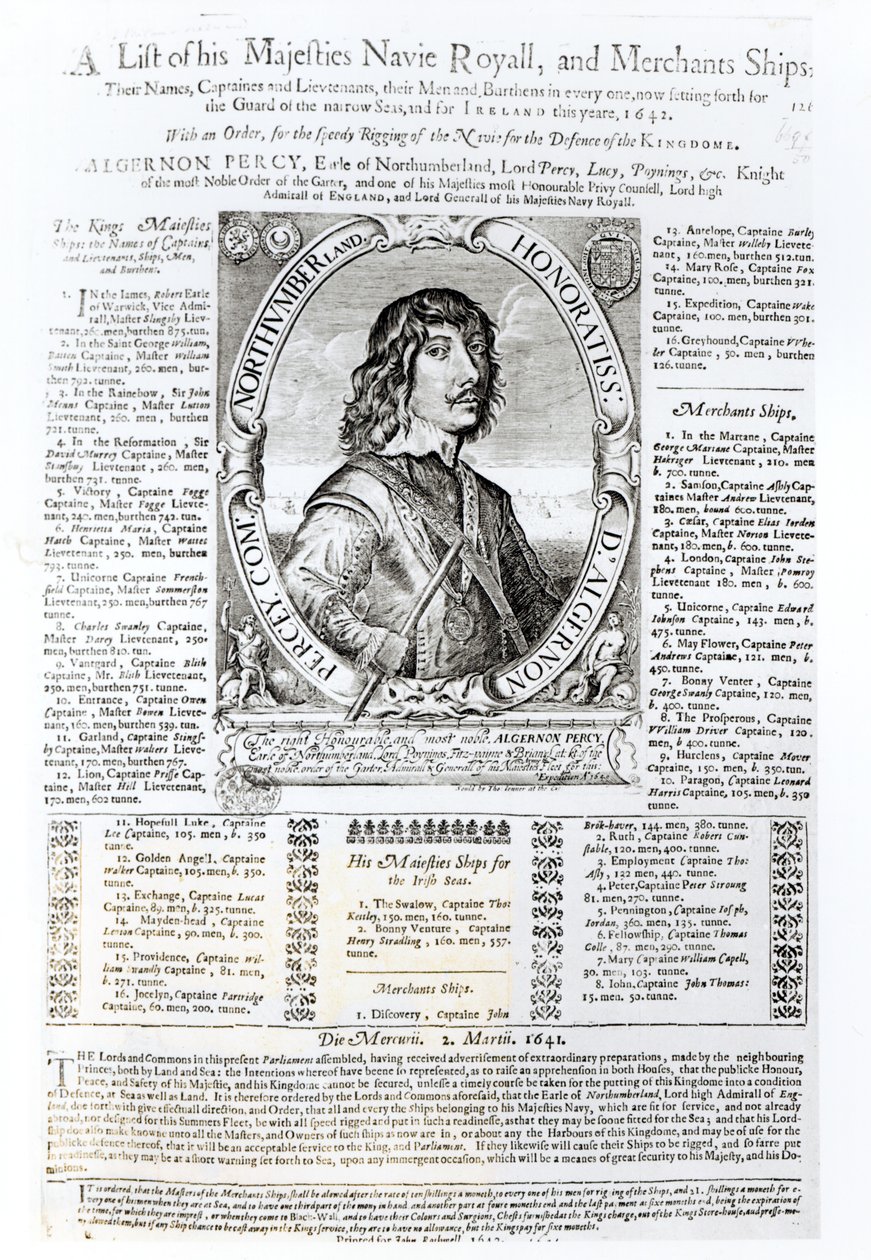 Porträt von Algernon Percy, zehnter Earl of Northumberland (1602-68) begleitet von einer Liste der königlichen Marine Seiner Majestät, 1642 von English School