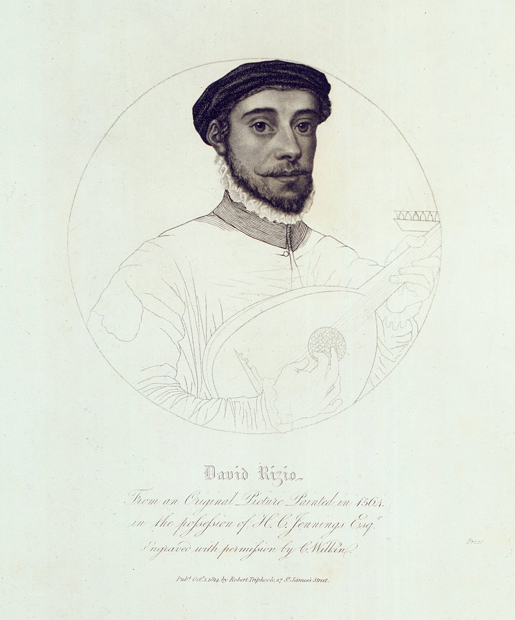 Porträt von David Rizio, nach einem Original von 1564, graviert von C. Wilkin, veröffentlicht in London, 1814 von English School