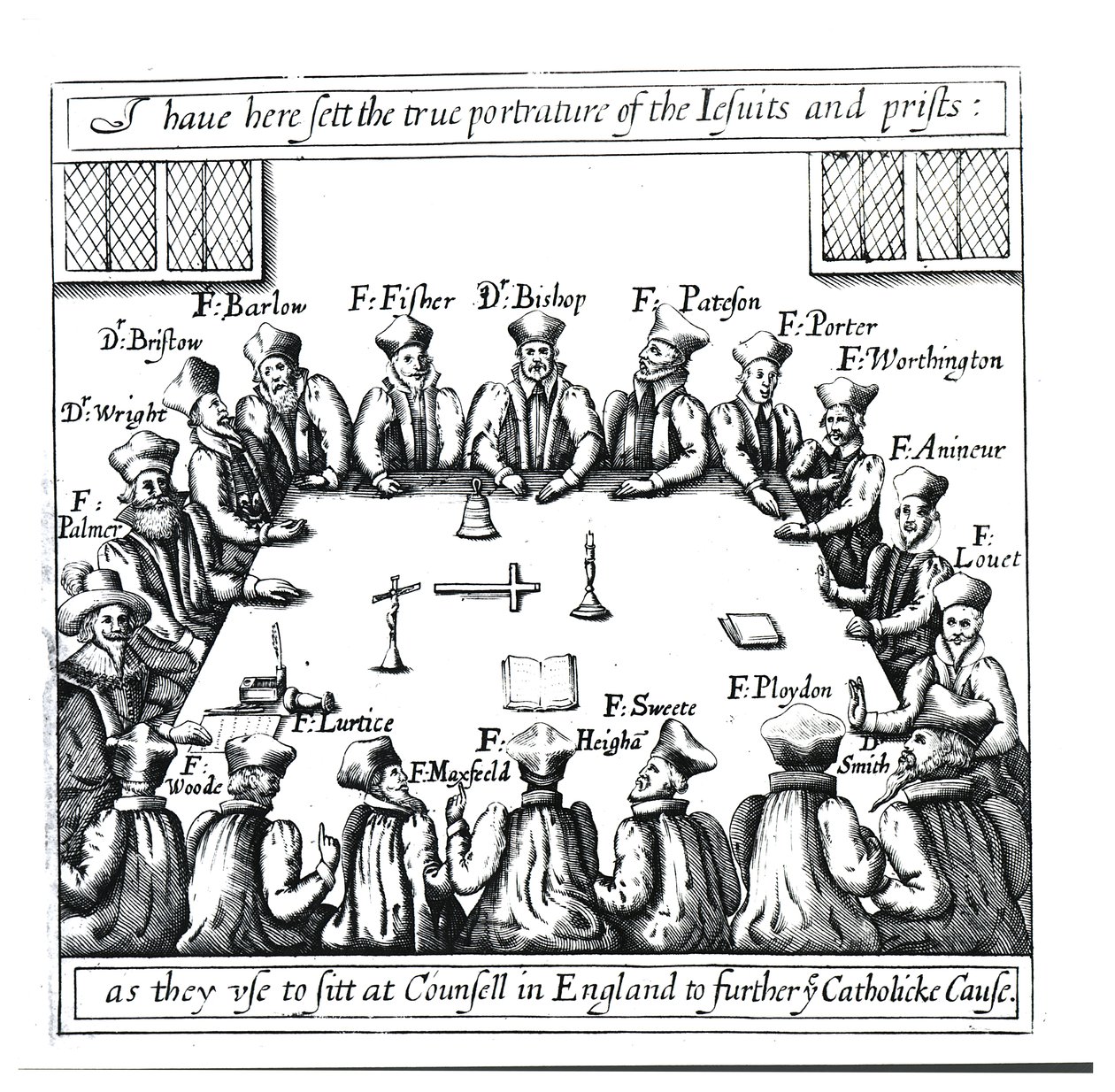 Porträts der Jesuiten und Priester, wie sie in England im Rat sitzen, um die katholische Sache zu fördern von English School