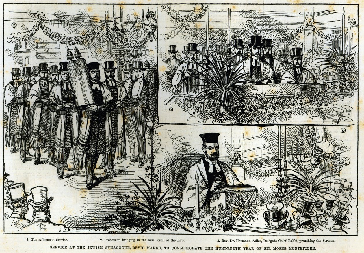 Gottesdienst in der jüdischen Synagoge, Bevis Marks, zur Feier des hundertsten Jahres von Sir Moses Montefiore, aus 