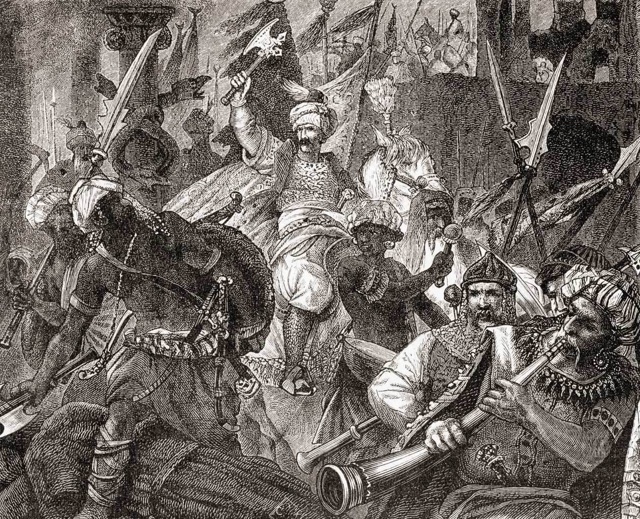 Die Schlacht von Alcacer Quibir, auch bekannt als Schlacht der drei Könige oder Schlacht von Oued al-Makhazin, Nordmarokko, 4. August 1578, aus Ward and Locks Illustrated History of the World, veröffentlicht um 1882 von English School