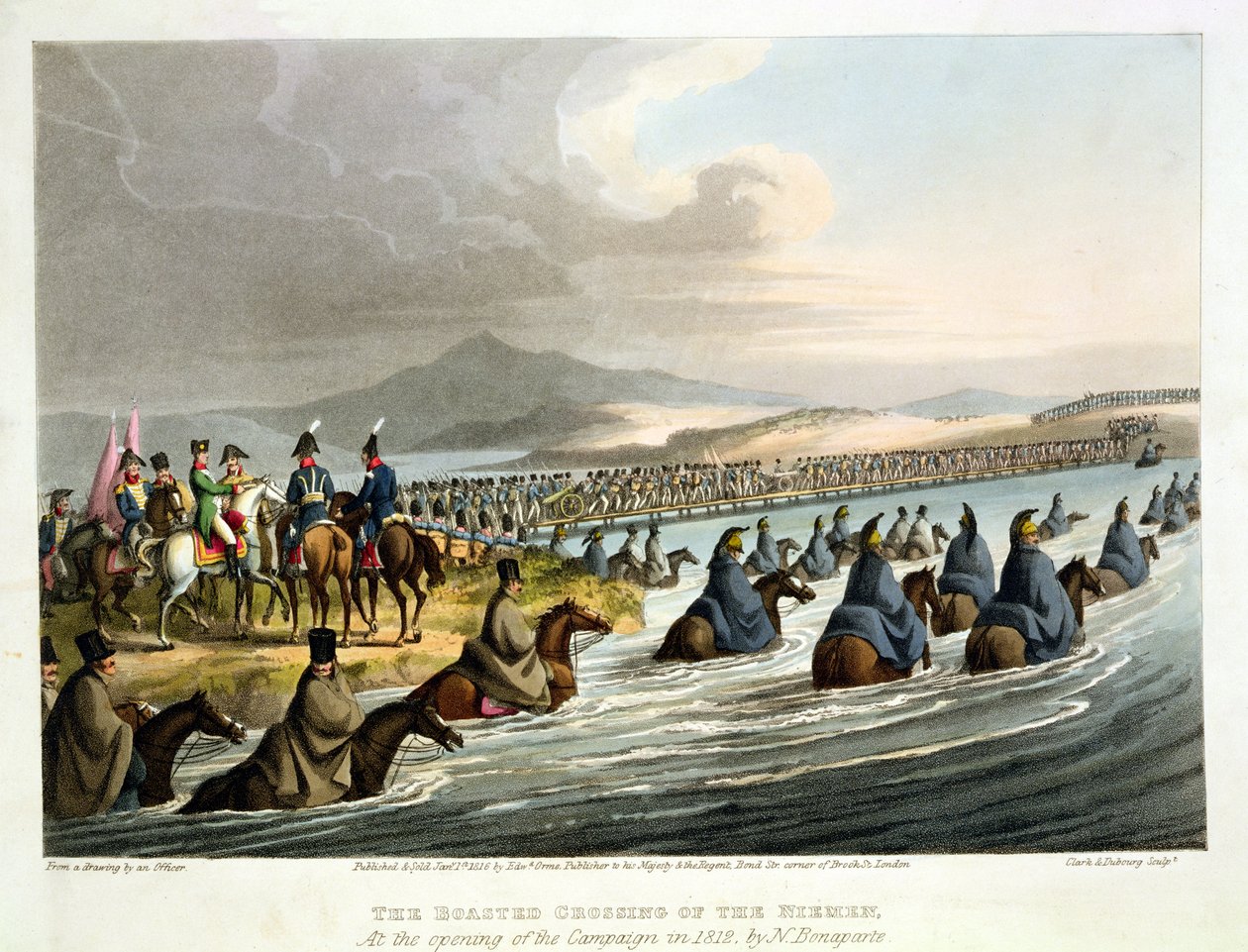 Der gerühmte Übergang über den Niemen zu Beginn des Feldzugs 1812 von N. Bonaparte, nach einer Zeichnung eines Offiziers, graviert von John Heaviside Clark und Matthew Dubourg von English School
