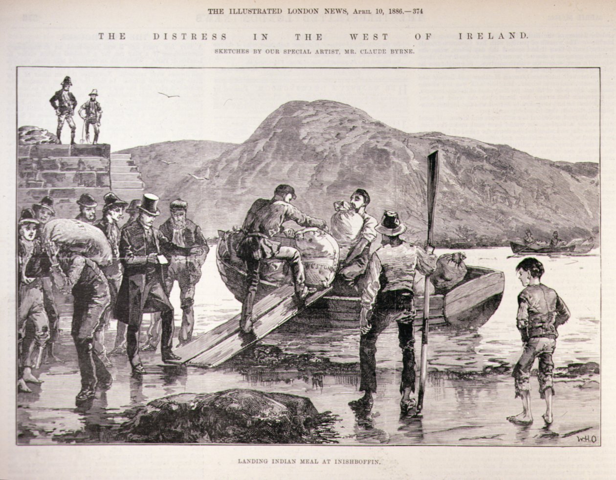 Die Not im Westen Irlands: Landung von indischem Mehl in Inishboffin von English School
