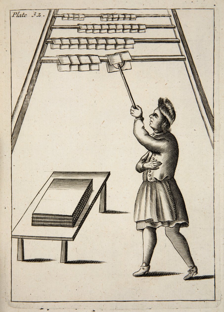 Der Drucker beim Aufhängen von Papier, aus Mechanick Exercises: or The Doctrine of Handy-Works applied to the Art of Printing, veröffentlicht 1683 von English School