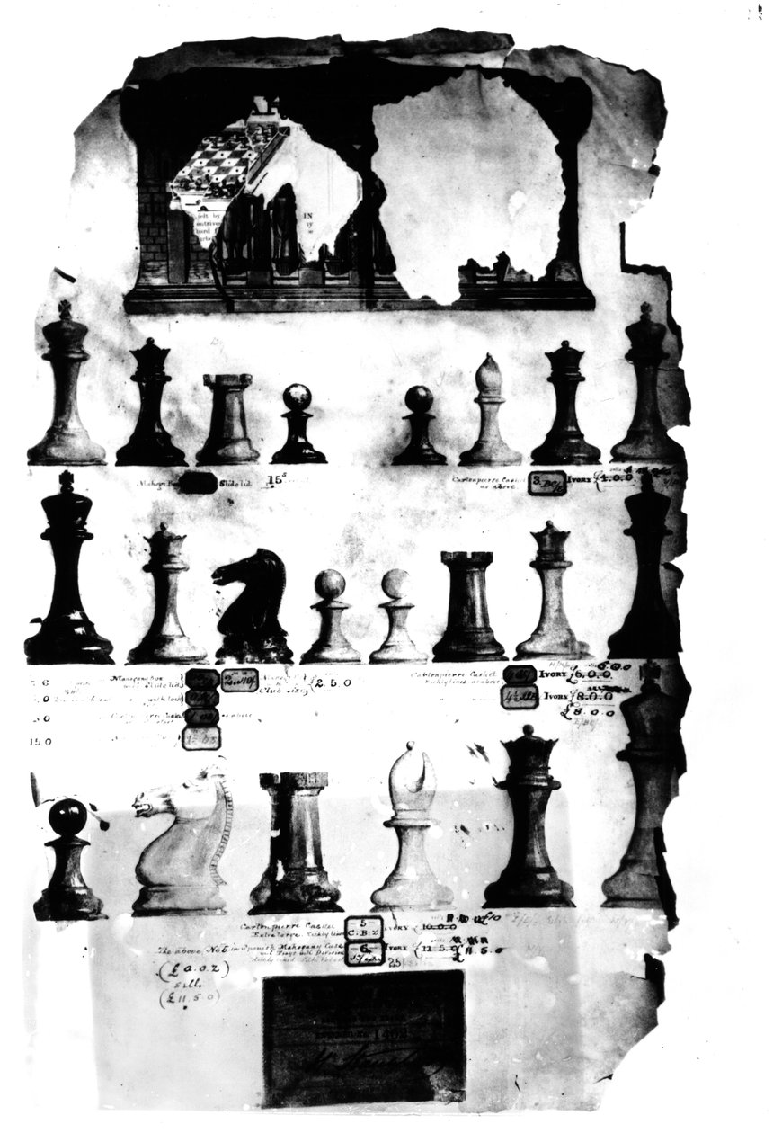Die Staunton-Schachfiguren Patentzeichnung (Feder und Aquarell auf Papier) von English School